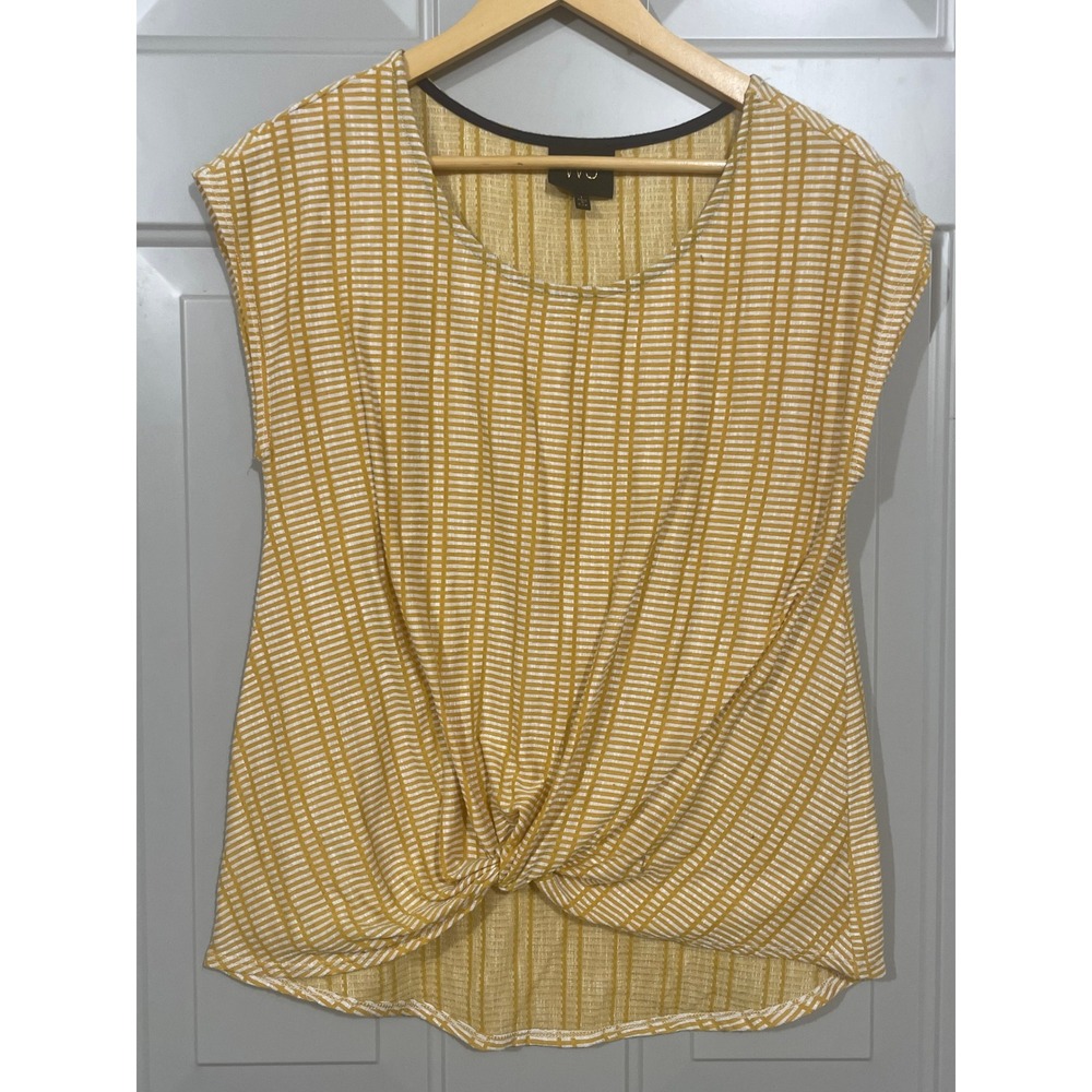 W5 Knot Front Blouse Womens Large Yellow Good Grid Print Cap Sleeve High Low